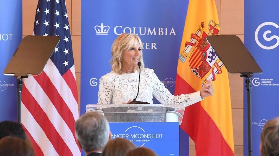 First Lady Jill Biden speaking at Columbia Cancer at Columbia University Irving Medical Center in Upper Manhattan.