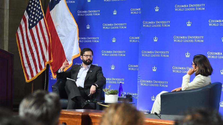 Gabriel Boric Font, President of the Republic of Chile, in conversation with Maria Victoria Murillo, professor of political science and international and public affairs at Columbia University. (Photo: Eileen Barroso) Gabriel Boric Font, President of the Republic of Chile, in conversation with Maria Victoria Murillo, professor of political science and international and public affairs.