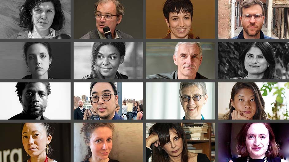 The Class of 2022-23: Yevgenia Belorusets, Barry Bergdoll, Alessandra Ciucci, William Dougherty, Isabella Hammad, Yala Kisukidi, Brian Larkin, Melina León, Sabelo Mlangeni, John Duong Phan, Katharina Pistor, Hannah Reyes Morales, Pauchi Sasaki, Yasmine Seale, Ersi Sotiropoulos, and Eliza Zingesser. A composite image of the 16 artists and scholars in the 4th class of fellows at Columbia's Institute for Ideas and Imagination