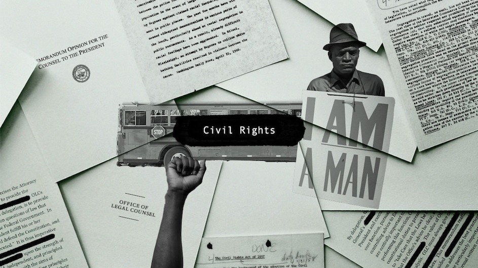 A graphic design image of type-written letters, the words "Civil Rights," and a photo of a man with a hat