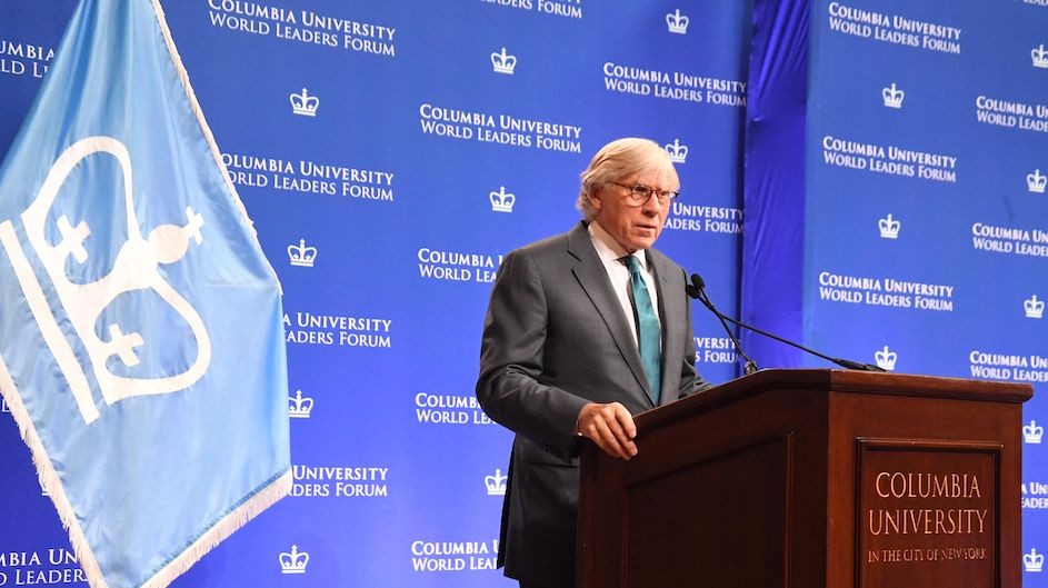 Columbia University President Lee C. Bollinger presides over the World Leaders Forum.