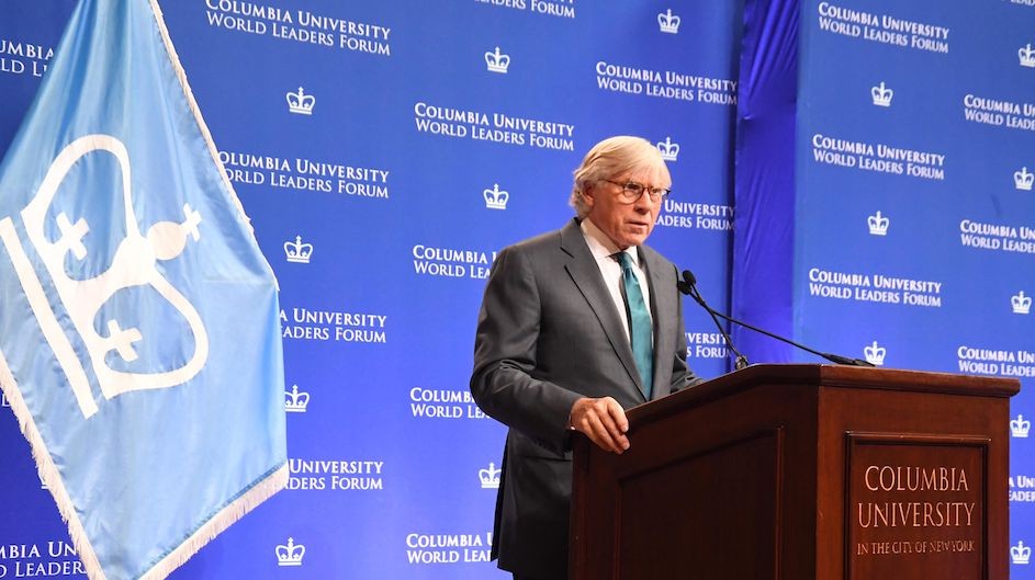 Columbia University President Lee C. Bollinger presides over the 2022 World Leaders Forum. (Photo: Eileen Barroso) Columbia University President Lee C. Bollinger presides over the World Leaders Forum.