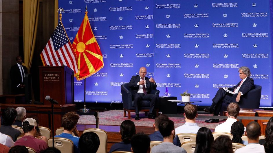 Prime Minister Dimitar Kovachevski of the Republic of North Macedonia in conversation with Alexander Cooley, Claire Tow Professor of Political Science at Barnard College. (Photo: Michael DiVito) Prime Minister Dimitar Kovachevski of the Republic of North Macedonia in conversation with Alexander Cooley, Claire Tow Professor of Political Science at Barnard College