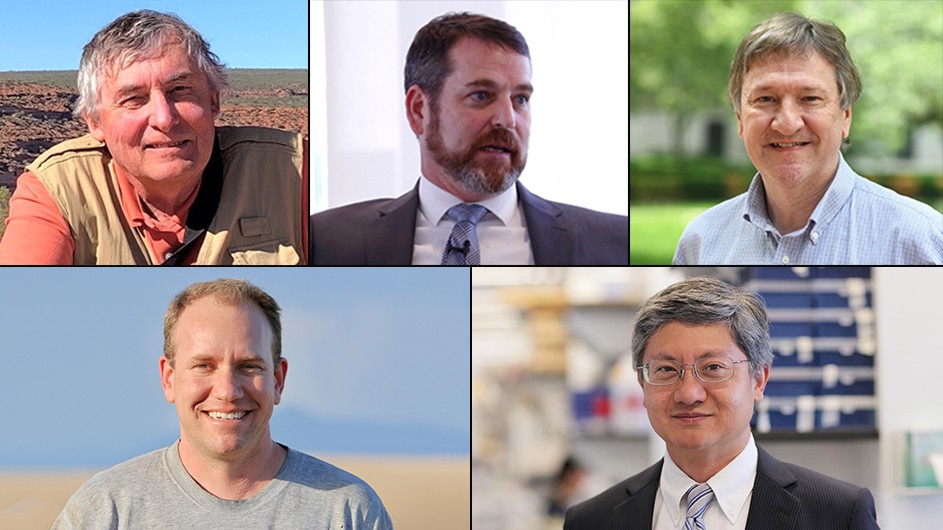 Columbia's new AAAS Fellows, clockwise from upper left: Nicholas Christie-Blick, Gary Miller, Gerard Parkin, Michael Shen, and Dustin Rubenstein.