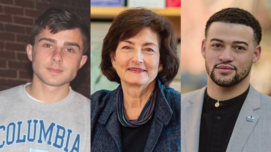 Cameron Adkins (CC’23), Mailman School of Public Health Dean Linda Fried, and James H Elliott II (GS’23).