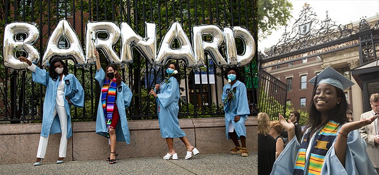 Barnard 2021 grads (Khallela Barracks, Kaili Meier, Daphnie Ordonez, Adele Clemmonds) strike a pose with Barnard balloons and at the Barnard gate. Photos courtesy Barnard College. Graduates stand under Barnard balloons and the Barnard gate.