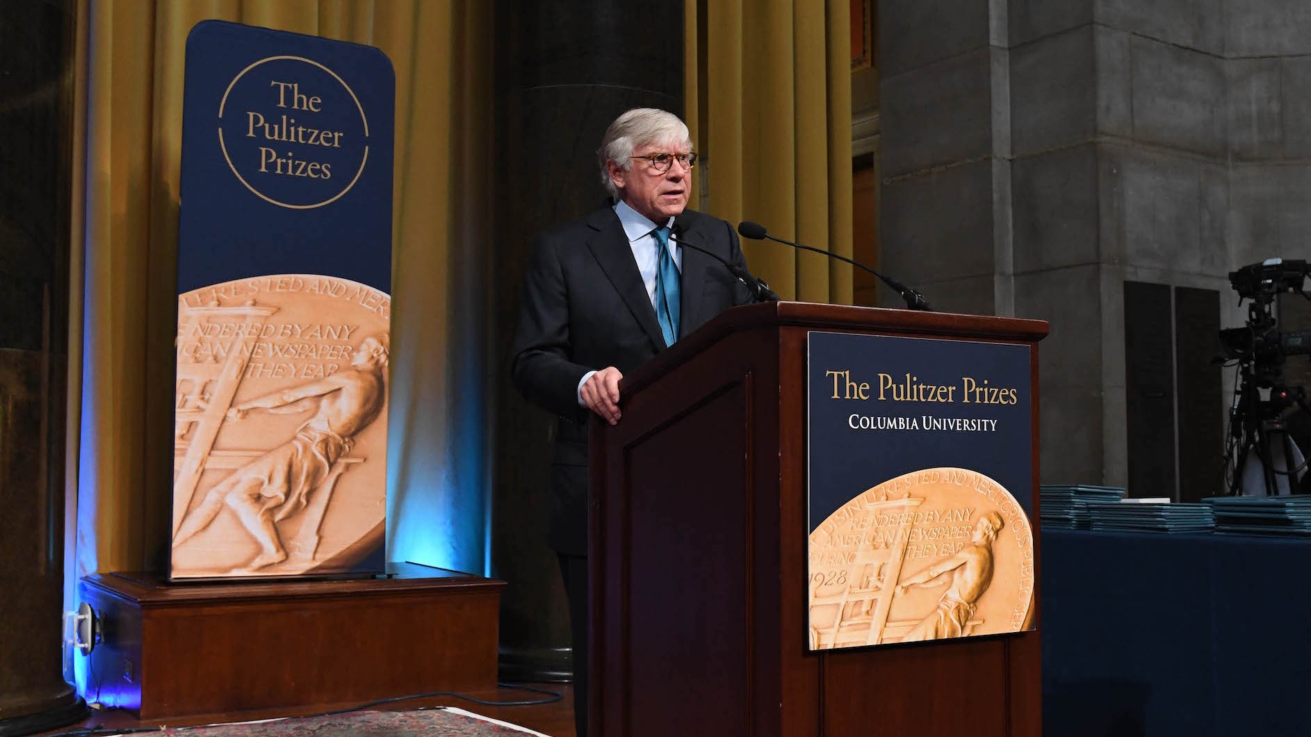 President Lee C. Bollinger speaking at the 2019 Pulitzer Prizes luncheon in Low Memorial Library