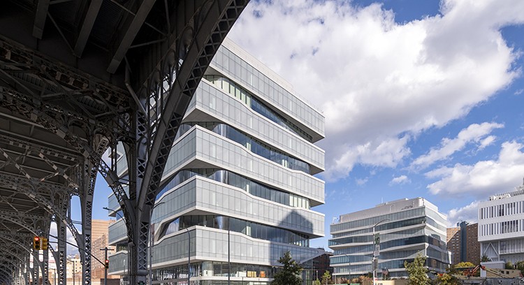 Photo by Timothy Schenck. Photo courtesy Columbia Business School. A view of the Manhattanville campus from under the Harlem overpass.