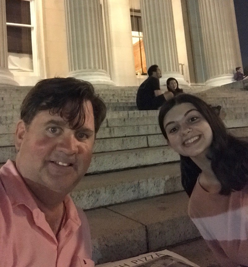 Thomas Mullooly and his daughter, Caroline Mullooly, eating pizza on the steps of Low Library Thomas Mullooly and his daughter, Caroline Mullooly, Low Library