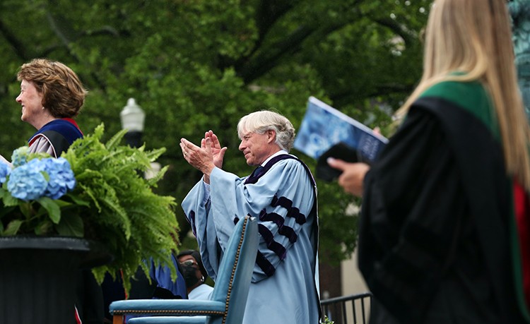 Provost Mary Boyce and President Lee C. Bollinger applaud the Classes of 2020 and 2021, as Senior Vice President for Columbia Health, Melanie Bernitz, one of the recipients of the Nicholas Murray Butler Medal, looks on. Photo by Bruce Gilbert. Provost Mary Boyce and President Lee C. Bollinger applaud the Classes of 2020 and 2021.