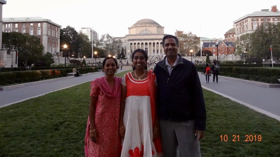 Chinmayi Balusu (CC'22) with her parents. Chinmayi Balusu with her parents