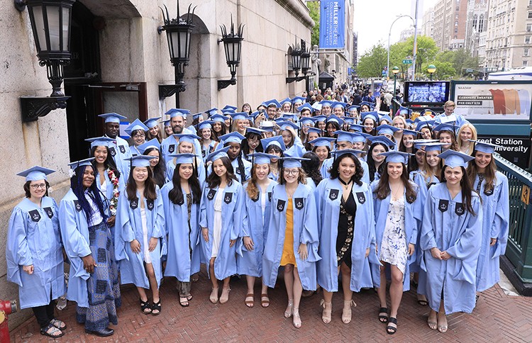 The inaugural Climate School graduating class poses in front of Miller Theatre. Photo by Michael DiVito. The inaugural Climate School graduating class poses in front of Miller Theater.