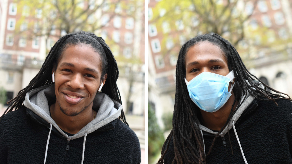 Daniel Igbokwe (CC'20) with a mask and without a mask. 