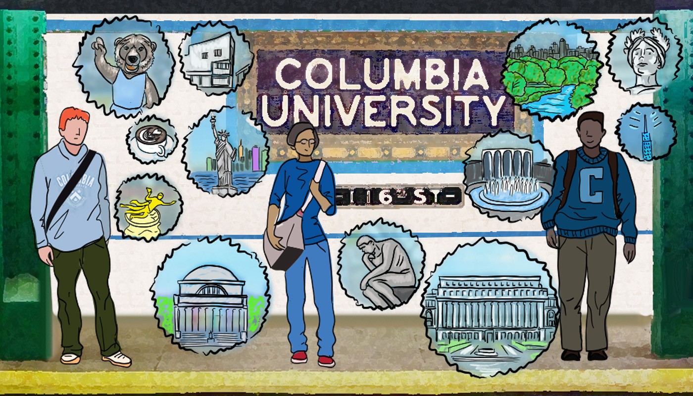 An illustration of Columbia students on the 116th subway platform