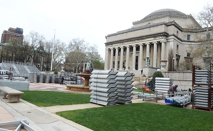 The materials for commencement are set up on Low Plaza