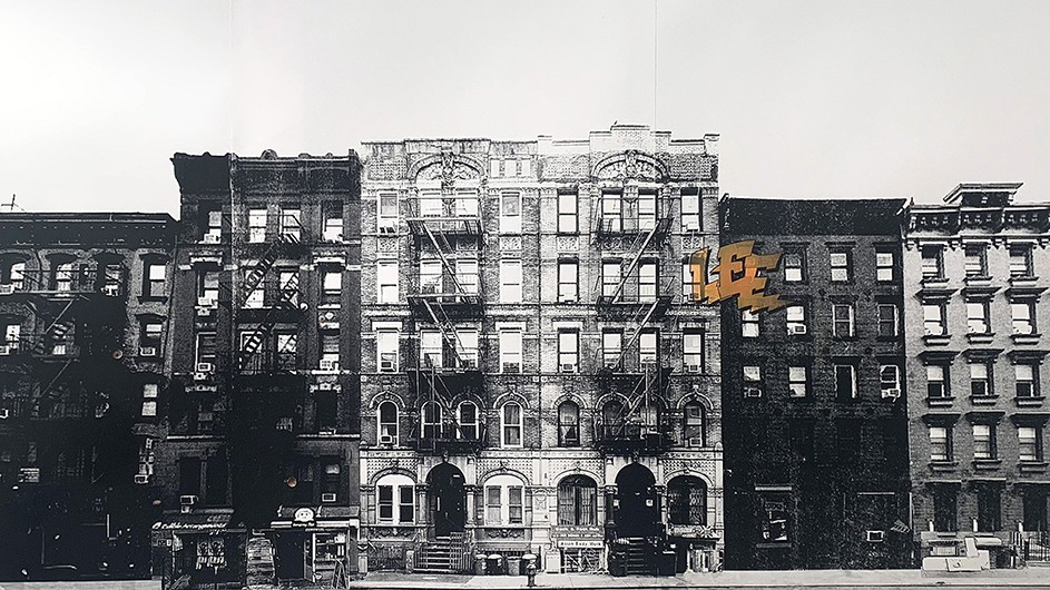 William Cordova and Lee Quiñones, "physical graffiti," 2019; screen print with spray-paint stenciling, paint marker, oil stick, and photo collage. William Cordova and Lee Quiñones
physical graffiti, 2019
Columbia University LeRoy Neiman Gallery