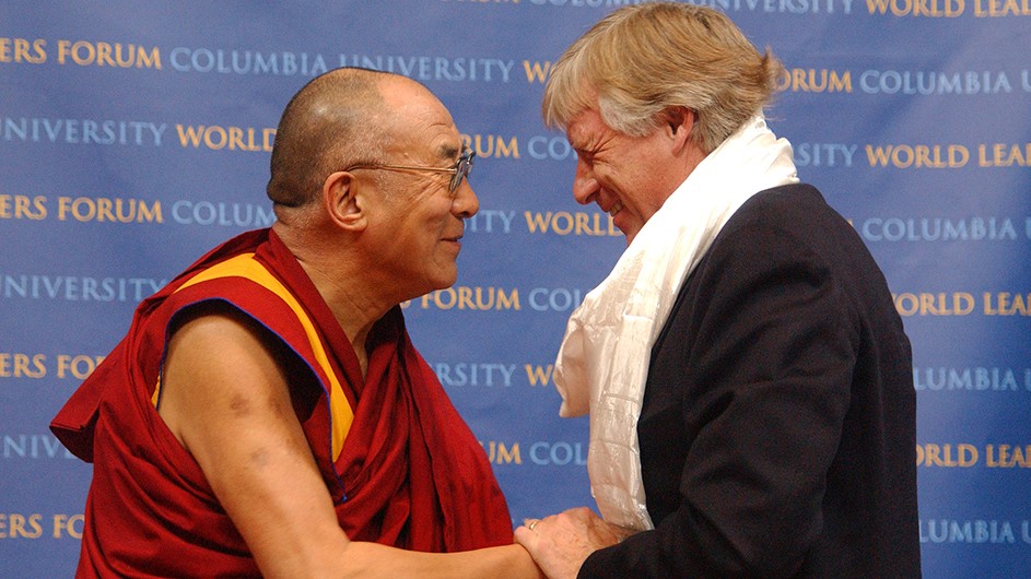 In September 2005, His Holiness the 14th Dalai Lama Tenzin Gyatso of Tibet, seen here with President Lee C. Bollinger, came to Columbia to discuss Tibet’s role in the dialogue of world religions and the development of integrative medicine. (Photo by Eileen Barroso) His Holiness the 14th Dalai Lama Tenzin Gyatso of Tibet greets Columbia President Lee C. Bollinger at a World Leaders Forum