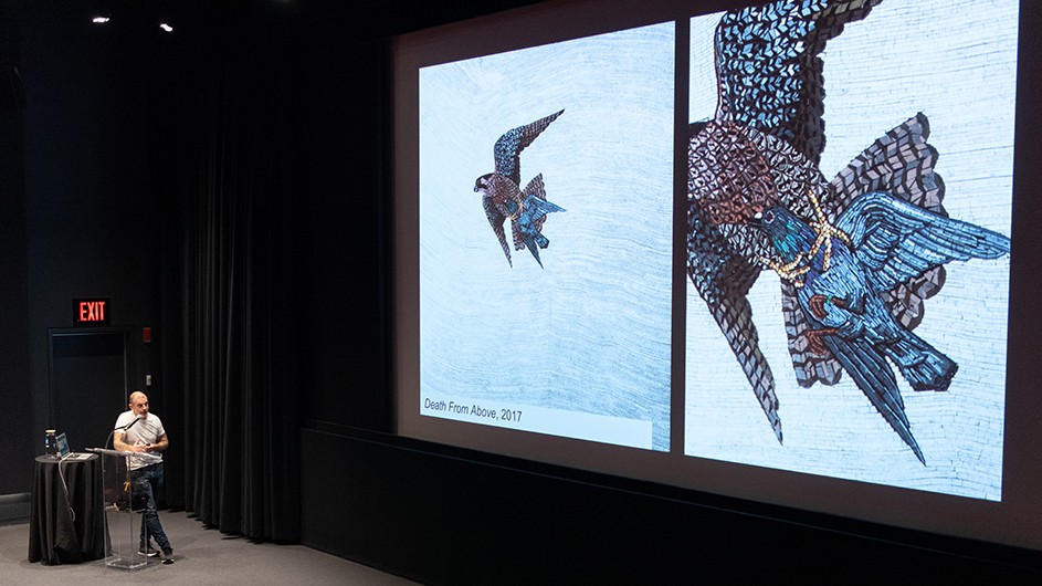 Artist Duke Riley speaks at the Lenfest Center for the Arts about his work, "Death From Above" (2017). Photo: Joel Jares. Artist Duke Riley speaks at Columbia University