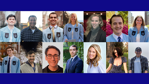 From left to right, top to bottom: Teddy Ajluni (CC’21), Dejavis Bosket (CC’19), Jacob Dahan (CC’21), Cayla Davis (CC’21), Sabrina Delafield (GS’21), Matthew Esche (CC’21), Zoe Ewing (CC’21), Ethan Fenlon (CC’21), Benjamin Goldstein (CC’20), Nick Manfred (CC’21), Zachary Marcone (CC’19), Allyssa Phelps (CC’21), Elle Swenson (CC’21), John Zhitong Wang (CC’21) 14 Fulbright Scholars in regalia or headshots from Columbia.