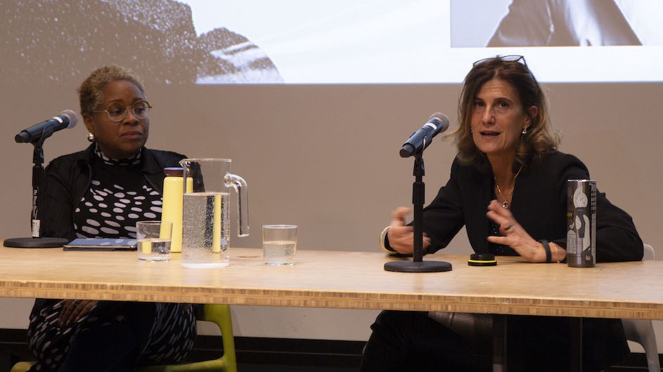 Galia Solomonoff (right) in conversation with Mabel O. Wilson (left) following her lecture on March 28, 2022. Galia Solomonoff (right) and Mabel O. Wilson (left) at Columbia's Graduate School of Architecture, Planning, and Preservation (GSAPP)