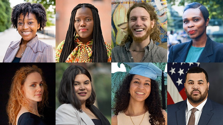 Columbia graduates from 2020 or 2021. Top row, from left to right: Lauren Battle, Adji Bousso Dieng, Max Levi Frieder, and Rita Omokha. Bottom row, from left to right: Moara R. Passoni, Shagun Sethi, Carolina Torres, and Daniel E. White.