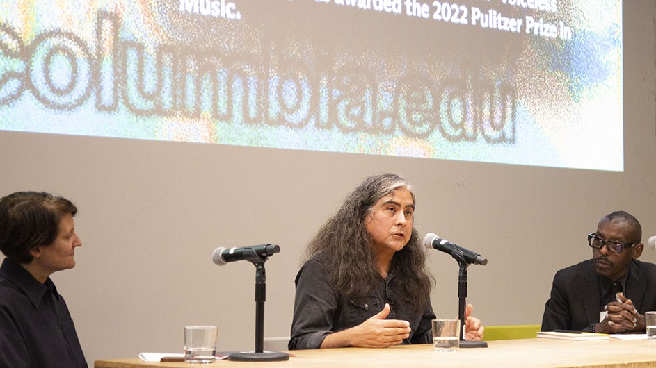 From left to right: GSAPP Professor Lucia Allais, Raven Chacon, and GSAPP Professor Mario Gooden. Columbia University Professors Lucia Allais and Mario Gooden, and Raven Chacon