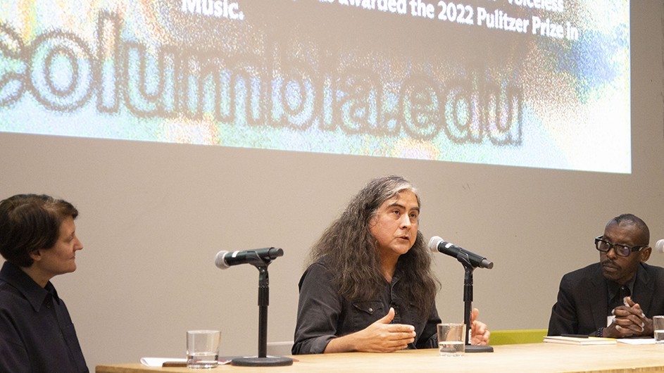 From left to right: GSAPP Professor Lucia Allais, Raven Chacon, and GSAPP Professor Mario Gooden. Columbia University Professors Lucia Allais and Mario Gooden with Raven Chacon