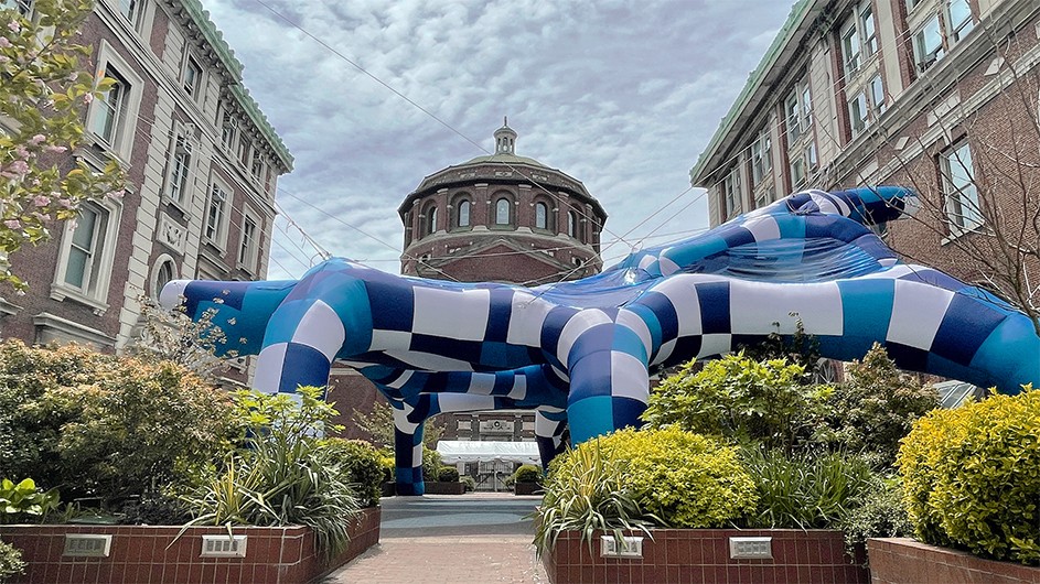 Blue and white inflated sculpture, WEB, in GSAPP's spring seminar, on Morningside campus, Columbia University