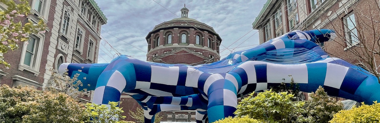 Blue and white inflatable sculpture, the "WEB" art installation on Morningside campus, Columbia University