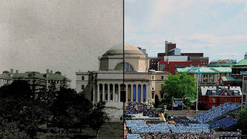 A side by side of Columbia commencements. 