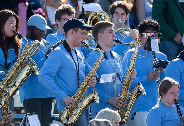 Members of the Columbia Athletics Spirit Band perform at Homecoming. Photo by Mike McLaughlin/Columbia University Athletics. Members of the Columbia Marching Band.