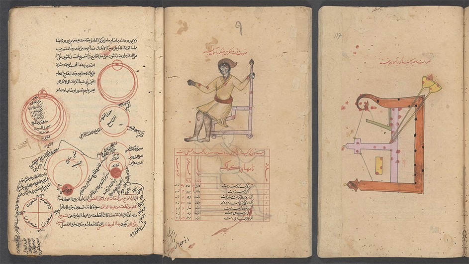 image on left: MS Or 442 Kitāb-i Ṣuwar al-kawākib. / کتاب صور الکواکب, Ṣūfī, ʻAbd al-Raḥmān ibn ʻUmar, 903-986 صوفي، عبد الرحمن بن عمر، 17–?-18–? Place: India?, RBML, Columbia University Libraries, Gift of David Eugene Smith. two images on right: Ms Or 21 al-Mulakhkhaṣ fī al-hayʼah.الملخص في الهيئة, Jighmīnī, Maḥmūd ibn Muḥammad, -1221? جغميني، محمود بن محم, Not dated; India?, RBML, Columbia University Libraries, gift of David Eugene Smith. 3 images from Islamic scientific manuscripts