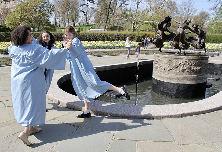 Jordan Kalai (CC’22) and friends at the Untermyer Fountain, with a bronze cast of Walter Schott's sculpture "Three Dancing Maidens," in the Conservatory Garden of Central Park in New York City. Courtesy Jordan Kalai. Jordan Kalai (CC’22) and friends
