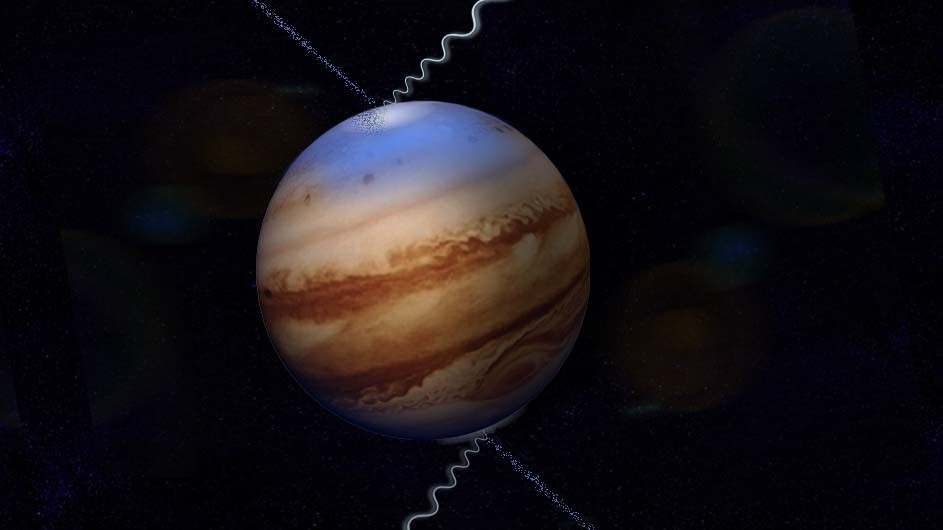 In a new study in Nature Astronomy, researchers show that both poles of Jupiter are aglow with high-energy X-ray light, likely triggered by the gas giant’s closest moon. (Image: Nicoletta Barolini) Jupiter's aurorae are marked by high-energy X-rays. (Image: Nicoletta Barolini)