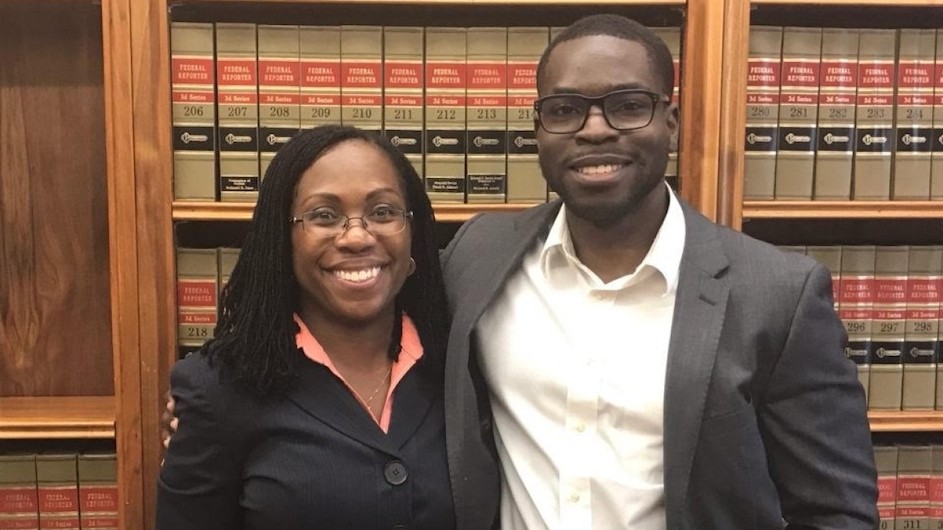 Ketanji Brown Jackson smiling and standing with Kerrel Murray, Columbia Law School