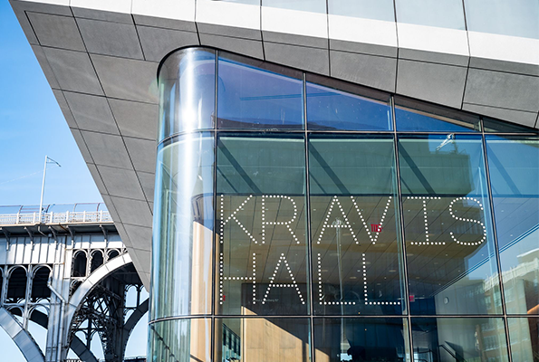 A view of the exterior of Kravis Hall. 