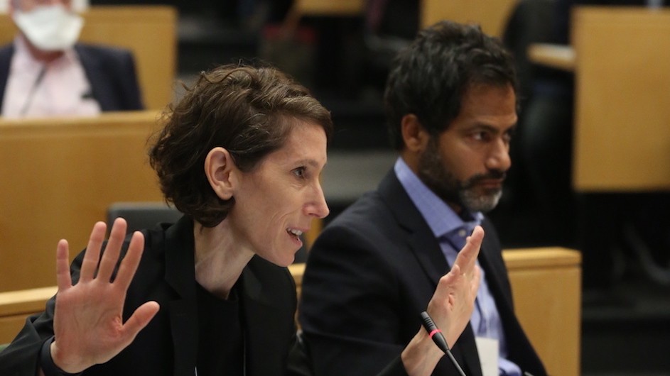 Genevieve Lakier (left), Knight First Amendment Institute senior visiting research scholar, and Jameel Jaffer, Knight First Amendment Institute executive director. Photo credit: Bruce Gilbert Genevieve Laker and Jameel Jaffer seated at the "Lies, Free Speech, and the Law” event