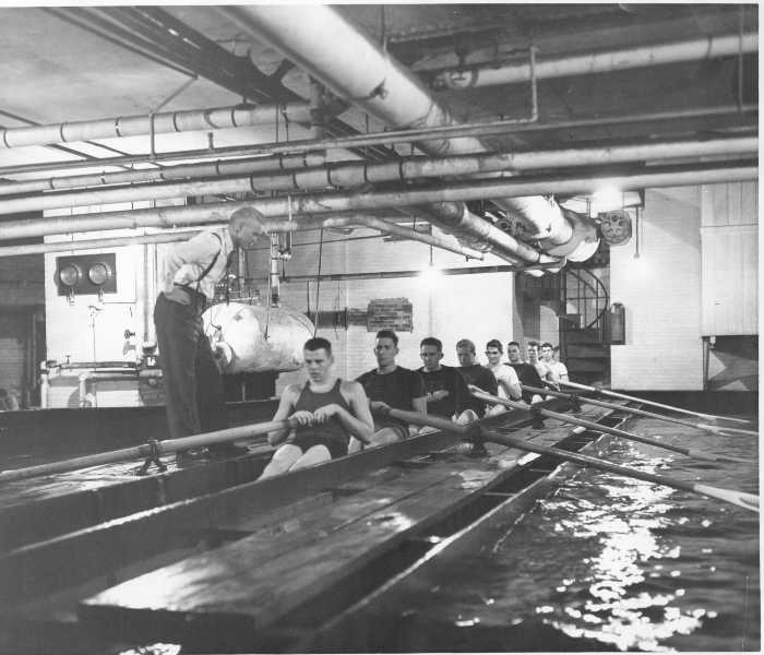 Low's sub-basement was the indoor workout site for generations of Columbian rowers. (University Archives) old rowing tanks in the sub-basement of Low Library