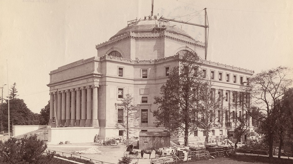 An archival picture of Low Library being built. 