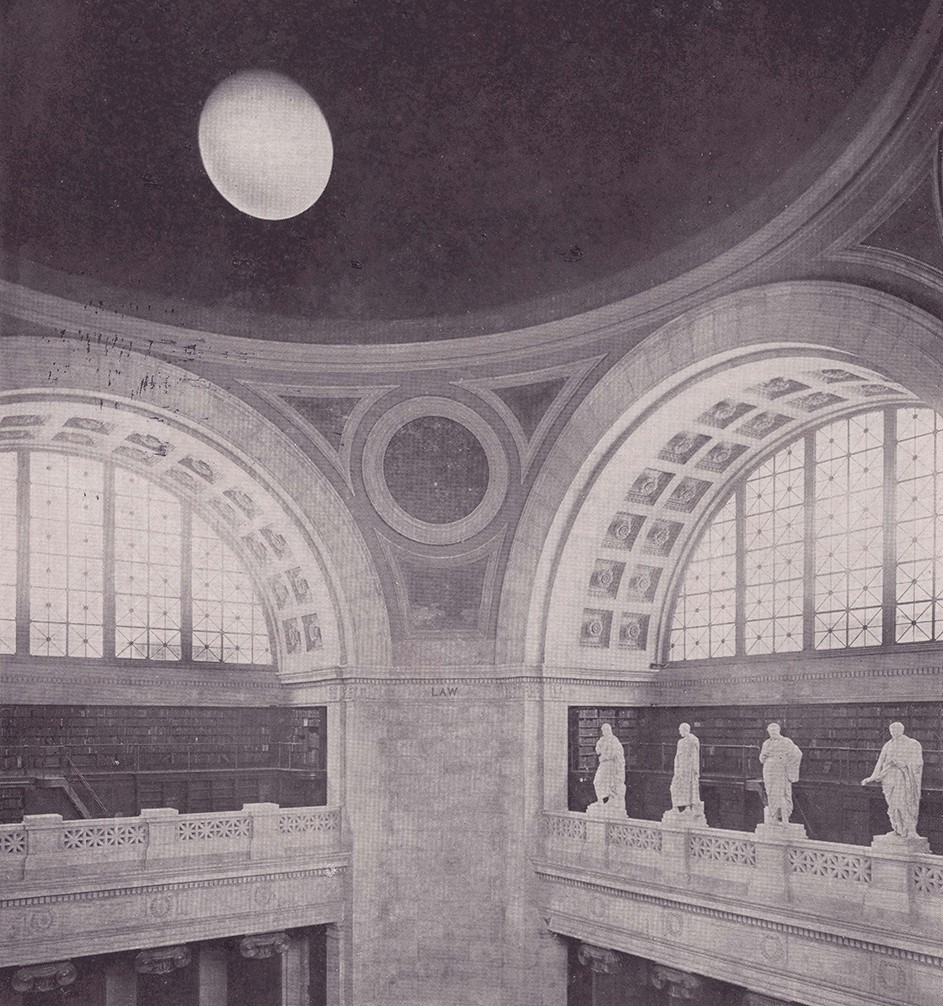 Low Library Rotunda moon sphere on domed ceiling with two ornate arched windows and four statues of Roman and Greek luminaries on the balcony below the ceiling