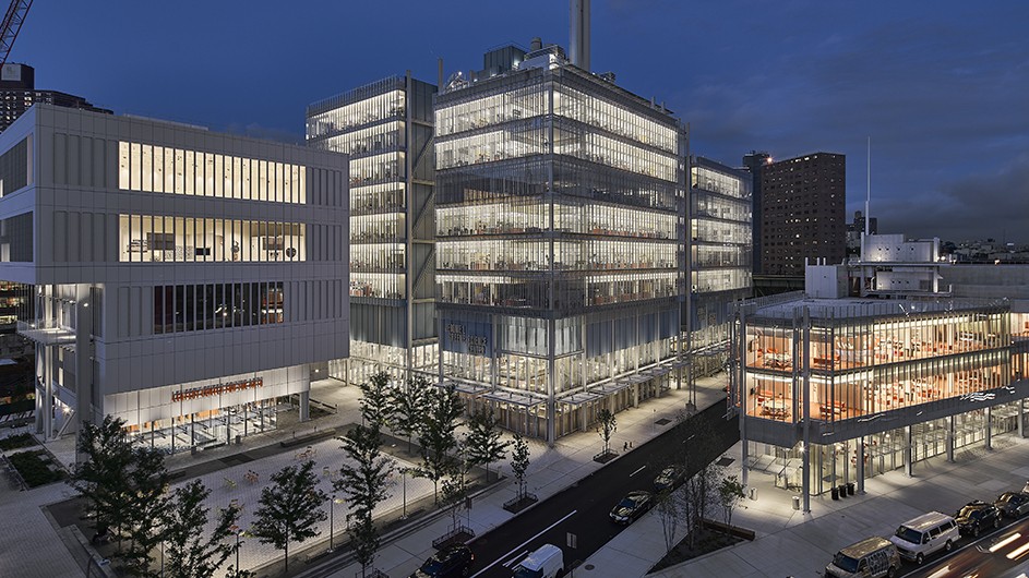 Columbia's Manhattanville campus, with (from left to right): the Lenfest Center for the Arts, the Jerome L. Greene Science Center, and the Forum. Photo by Frank Oudeman. Columbia University's Manhattanville campus.
