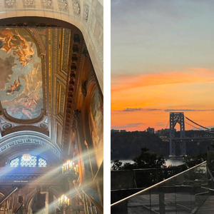 A photo of a painted ceiling at a museum and the George Washington Bridge. 