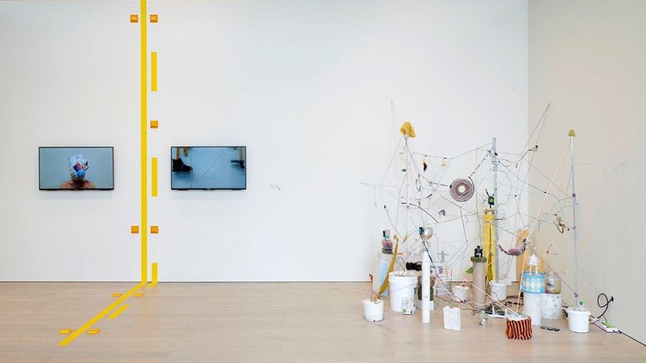 Left: Fadl Fakhouri, PALESTINIAN - - - AMERICAN, 2021; right: Mimi Park, Alternate World Building Series 1: Gentle Vibrations, 2021. Courtesy of Columbia University School of the Arts. Columbia University School of the Art MFA thesis show
