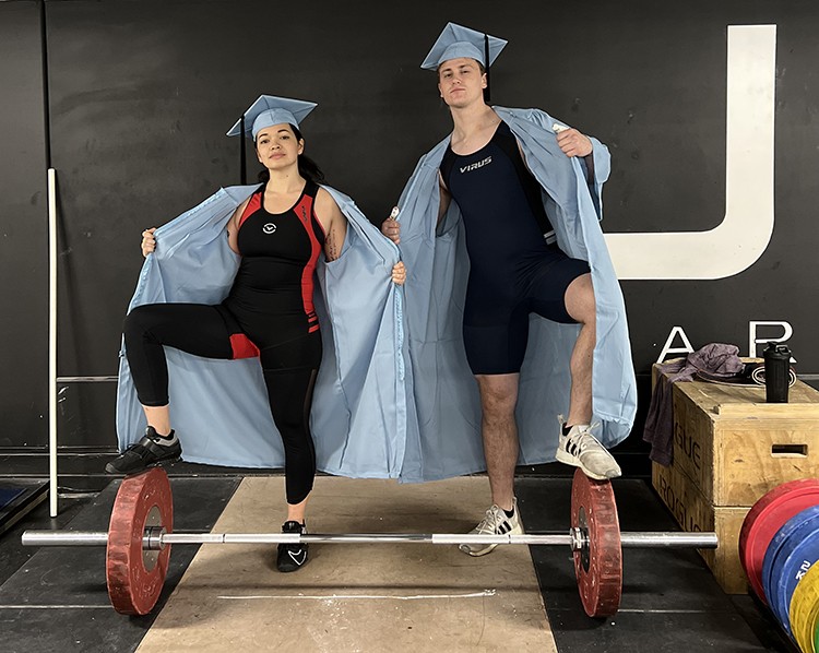 Noelani West (GS’22) and Sam Angelle "getting in some lifts in our gowns!" Courtesy Noelani West Noelani West and Sam Angelle in wrestling uniforms.