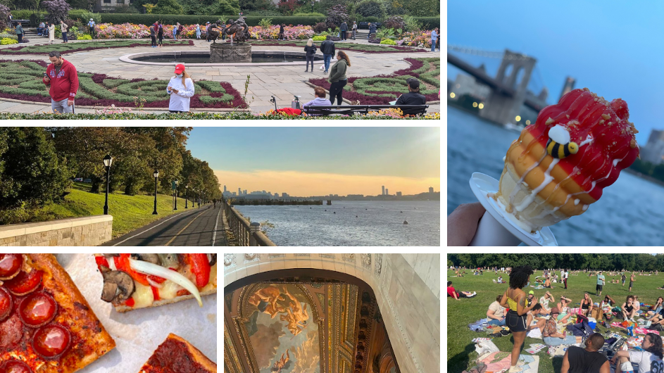 纽约市多个地点的拼贴画：Conservatory Carden、布鲁克林大桥的冰淇淋、西侧高速公路、比萨饼、聚会和野餐。