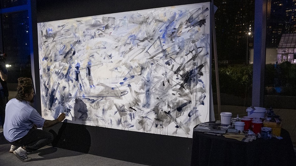 School of the Arts MFA student Aristotle Forrester creating a painting at the first Obama Foundation Democracy Forum. Photo: Obama Foundation. Columbia University School of the Arts MFA student Aristotle Forrester creating a painting at the first Obama Foundation Democracy Forum. Photo: Obama Foundation.