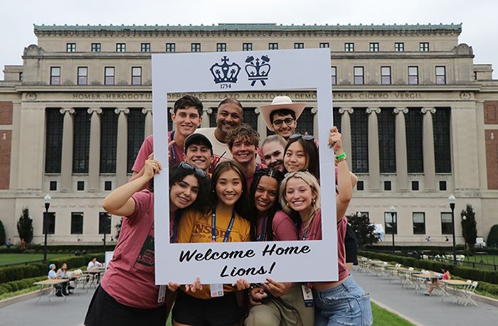Columbia undergraduate students pose in front of Butler Library during the New Student Orientation program. Photo by Olivia Namkoong. Columbia undergraduate students pose in front of Butler Library during the New Student Orientation program.