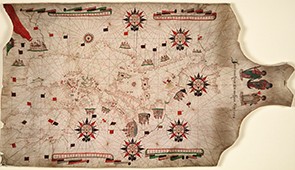 A 1584 portolan (nautical) chart, hand-drawn and colored on vellum, by Joan Martines; Trinity College Library, Cambridge University. A 1584 portolan (nautical) chart, hand-drawn and colored on vellum, by Joan Martines; Trinity College Library, Cambridge University.