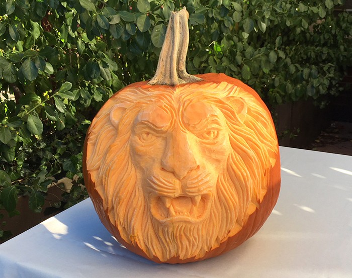 A textured lion carved into a pumpkin. 