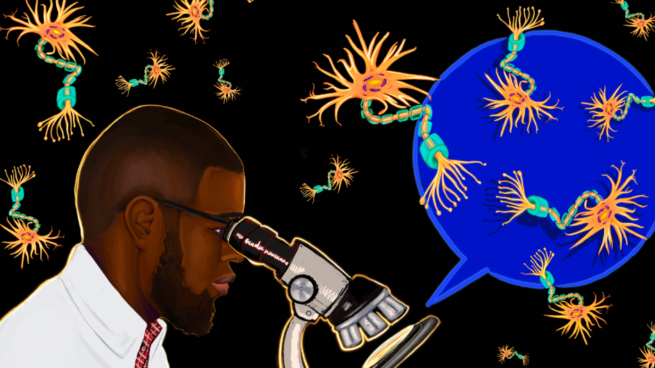 Columbia neurobiologist Ishmail Abdus-Saboor studies how the brain senses and responds to pleasure and pain. (Image: Darneice Creates) Columbia neurobiologist Ishmail Abdus-Saboor at a microscope as neurons whiz by. (Image: Darneice Creates)